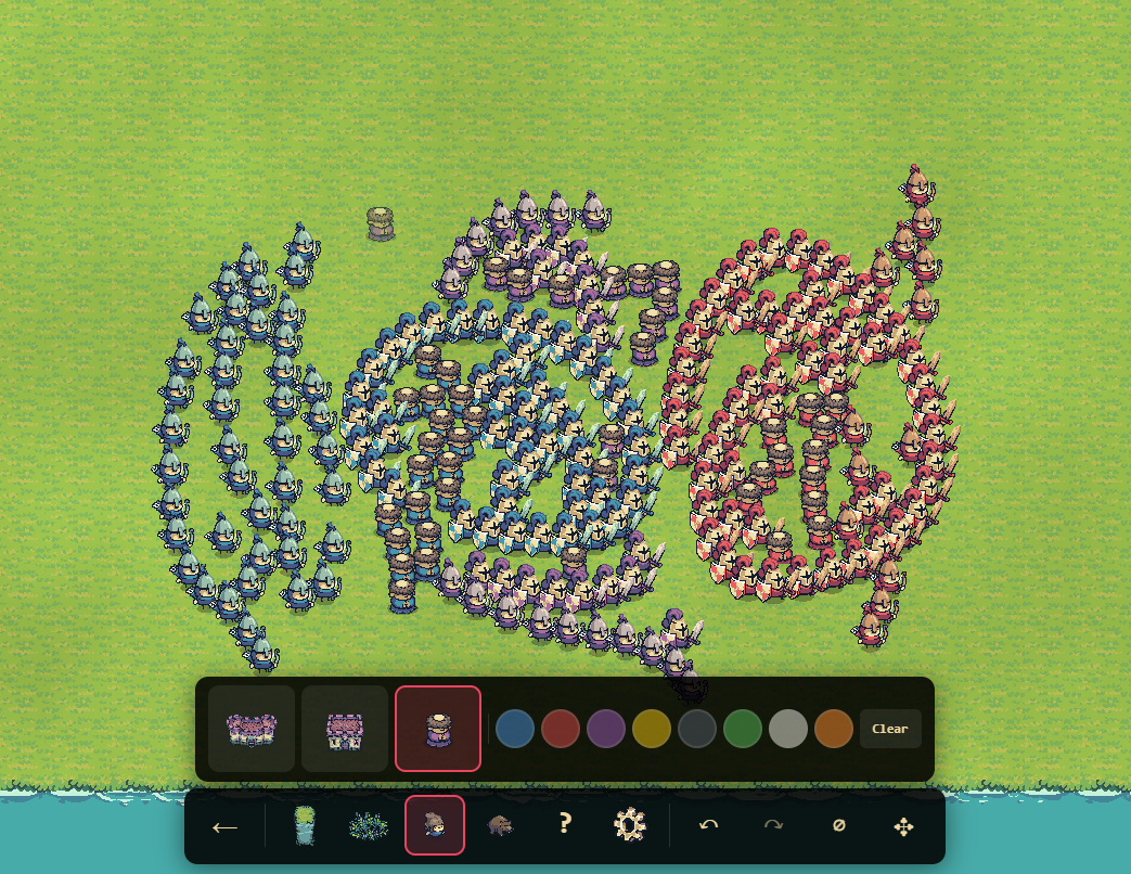 A map editor scene with many colored units and buildings arranged into large letters