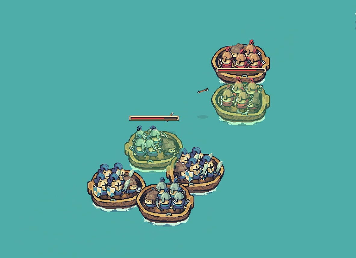 A battle taking place on the water between loaded boats and nearby enemies