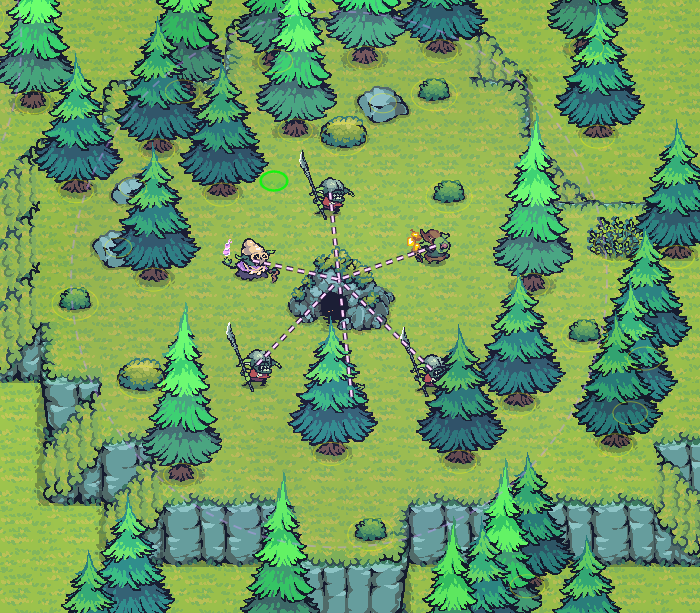 A Goblin Cave surrounded by linked Torch Goblin, Spear Goblin, Pig Rider, and Hex Shaman guards