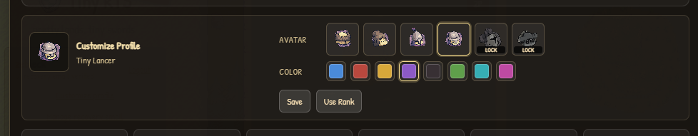 Profile customization panel showing avatar and color choices