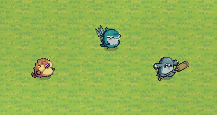 Paddle Shark, Harpoon Shark, and Bomb Fish enemy units shown together