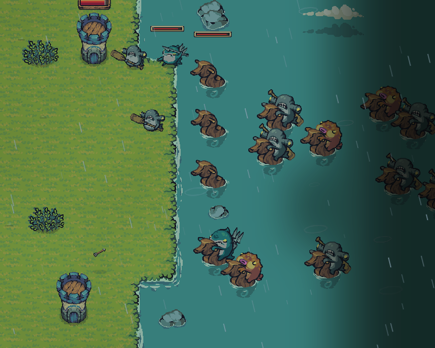 Pirate Fish Survival match with waves of enemies attacking a player base