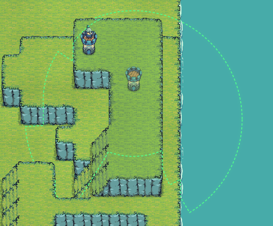 A tower range preview showing the attack outline across nearby terrain