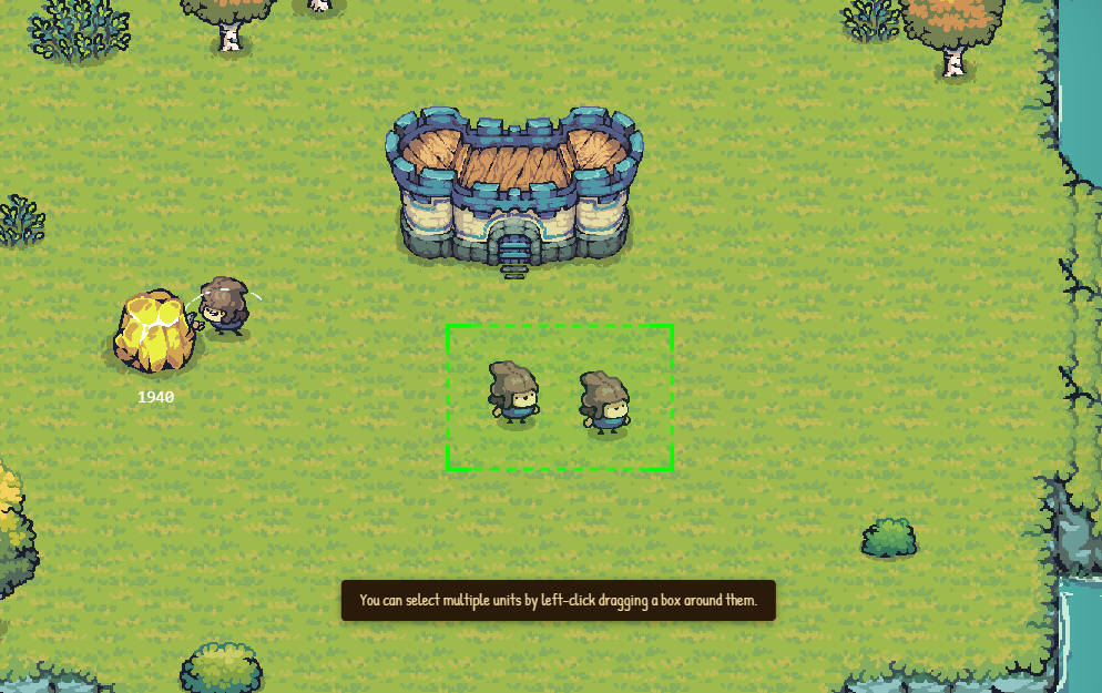 Tutorial step teaching box selection: a green selection rectangle is drawn around two workers near the Town Center