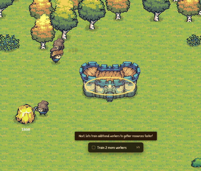Tutorial step about training workers: a worker mines gold while a checkbox objective says Train 2 more workers