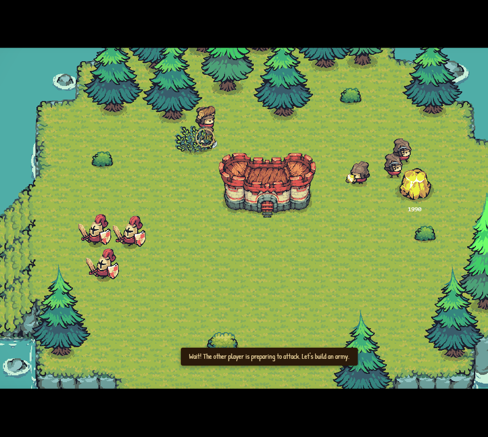 Tutorial combat step: enemy red soldiers approach the player's Town Center with a prompt to build an army