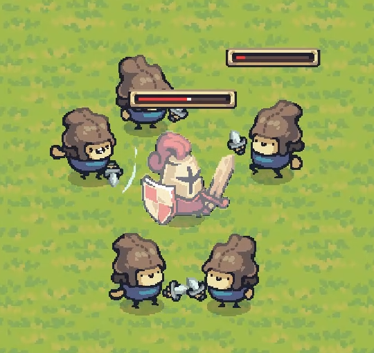 Workers surrounding and attacking a soldier with knives